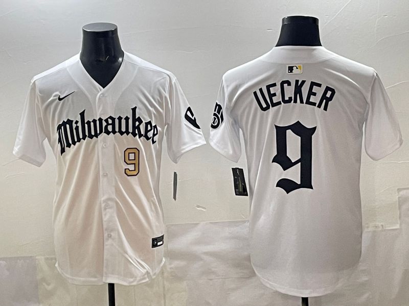 Men 2025 Milwaukee Brewers #9 Uecker White Five generations Joint Name Nike MLB Jersey style 05